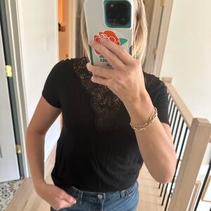 Sezane Black Lace Accent Short Sleeve Top